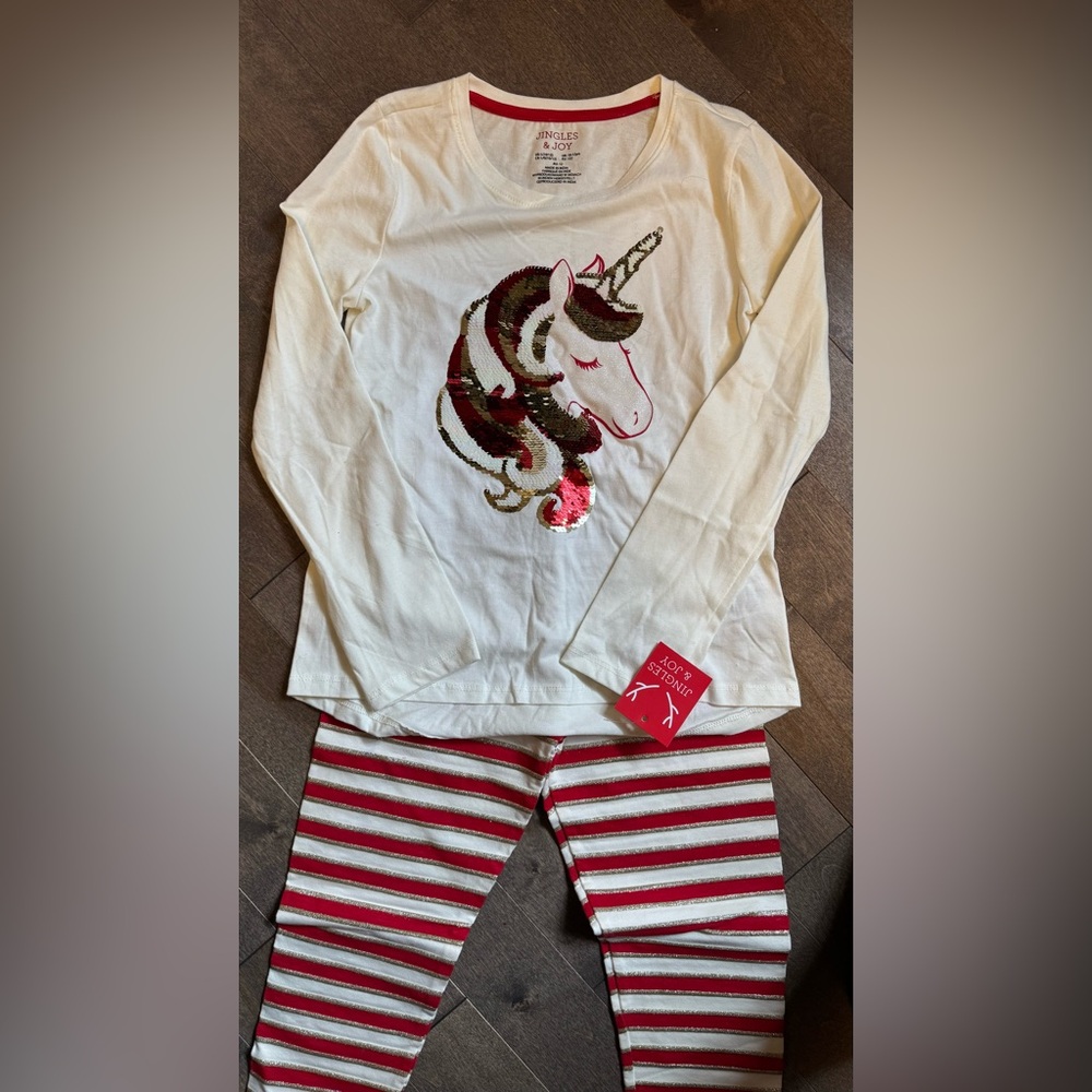Christmas Unicorn Sequin 2pc Set - Cream and Red Size 10-12